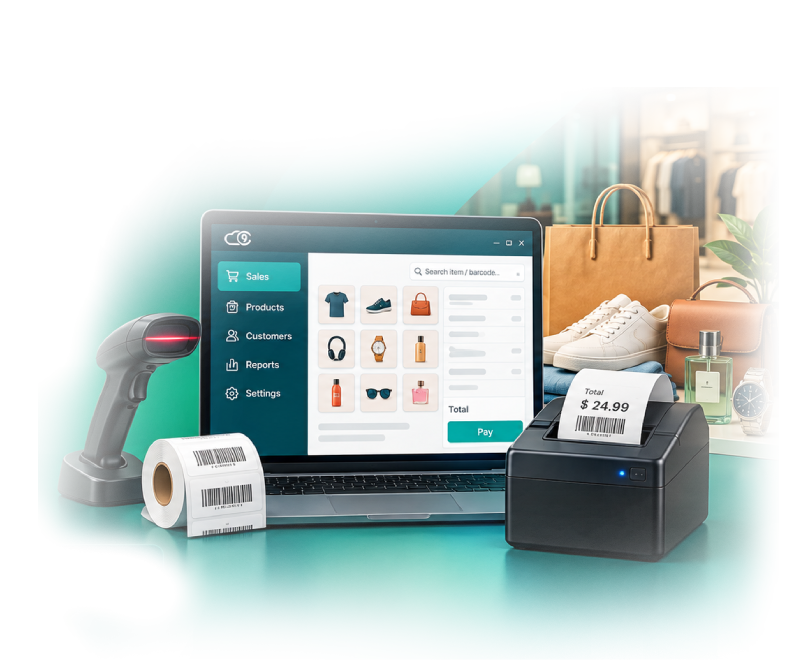 Bizsency Desk point of sale on a laptop with scanner, labels, and receipt printer